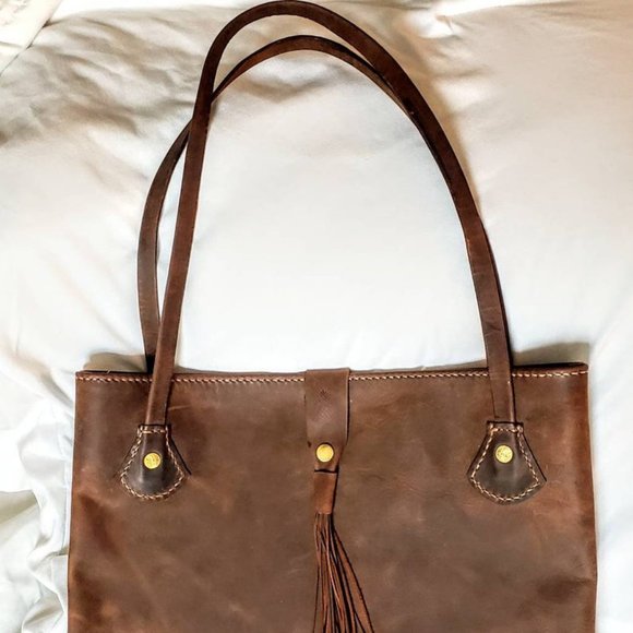 Brown Leather Handbag Tote with Tassel - Picture 2 of 4